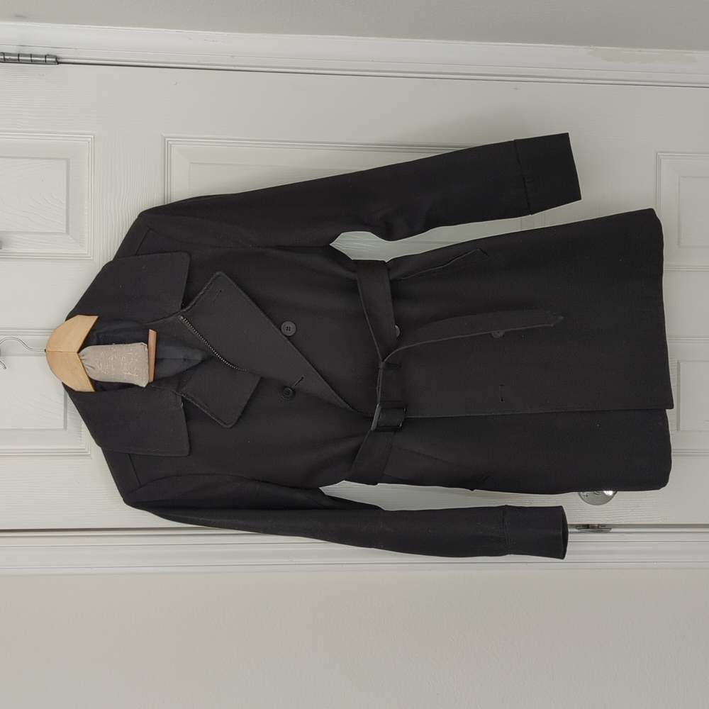 Black double breasted, belted tench coat